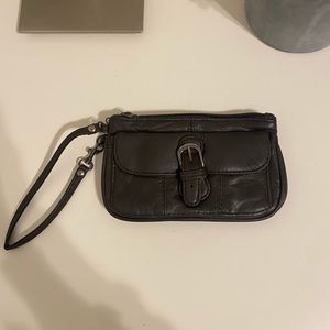Small brown leather clutch.